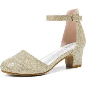 Laurmosa Girl Size 3 Gold Glitter Ankle Strap Low 2" Heel Closed Toe Dress Shoes